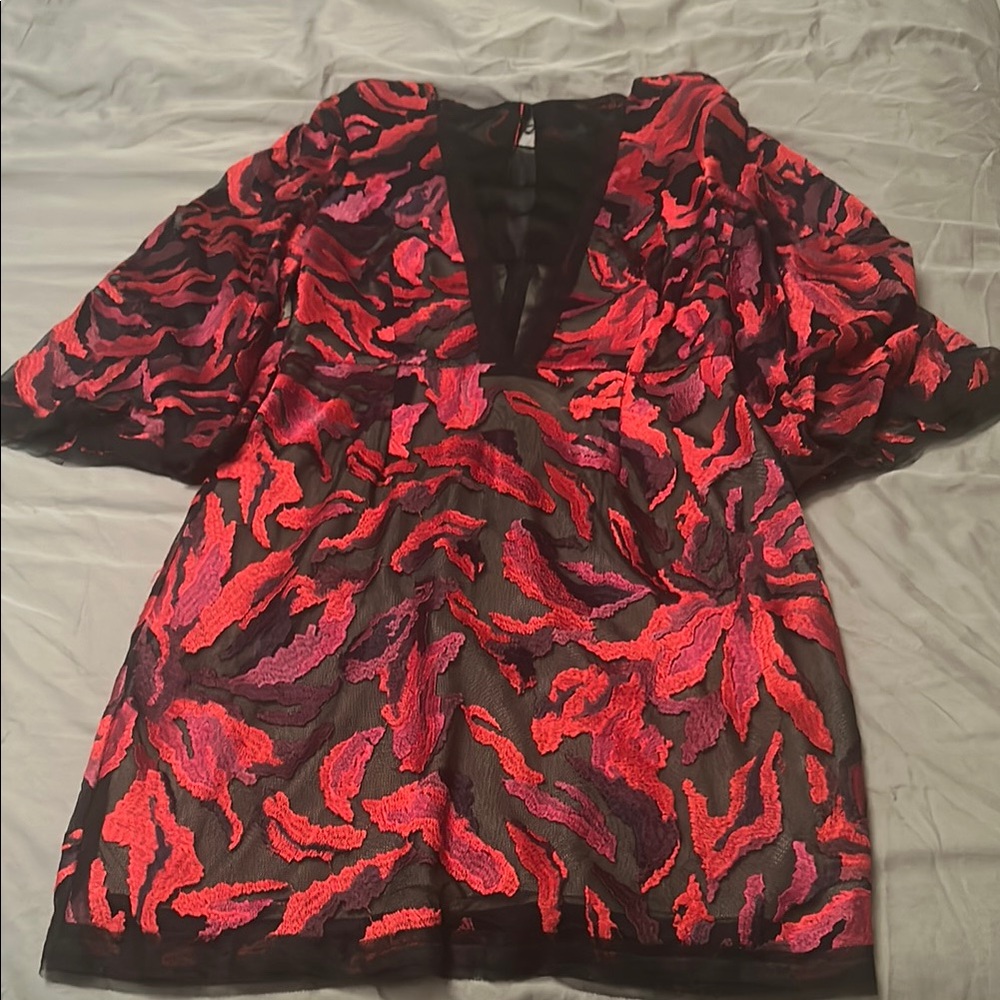 BCBGMaxAzria Red and Black Oversized Ruffled Blouse